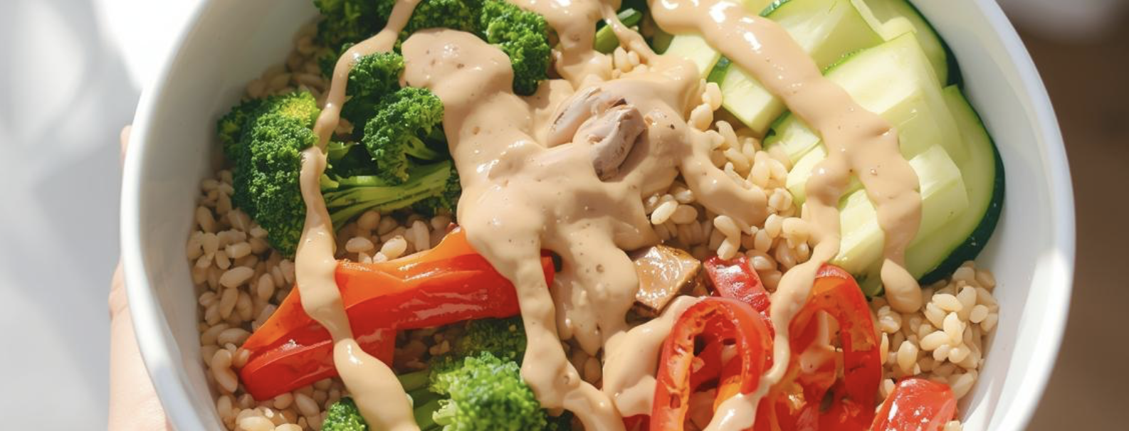 Warm Farro Bowl with Roasted Vegetables & Tahini Drizzle